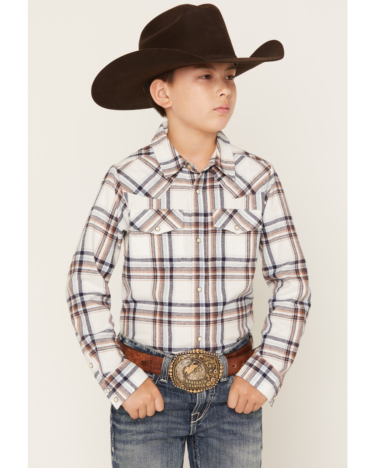 Image #1 - Gibson Trading Co Boys' Tucker Plaid Print Long Sleeve Snap Flannel Shirt, White, hi-res