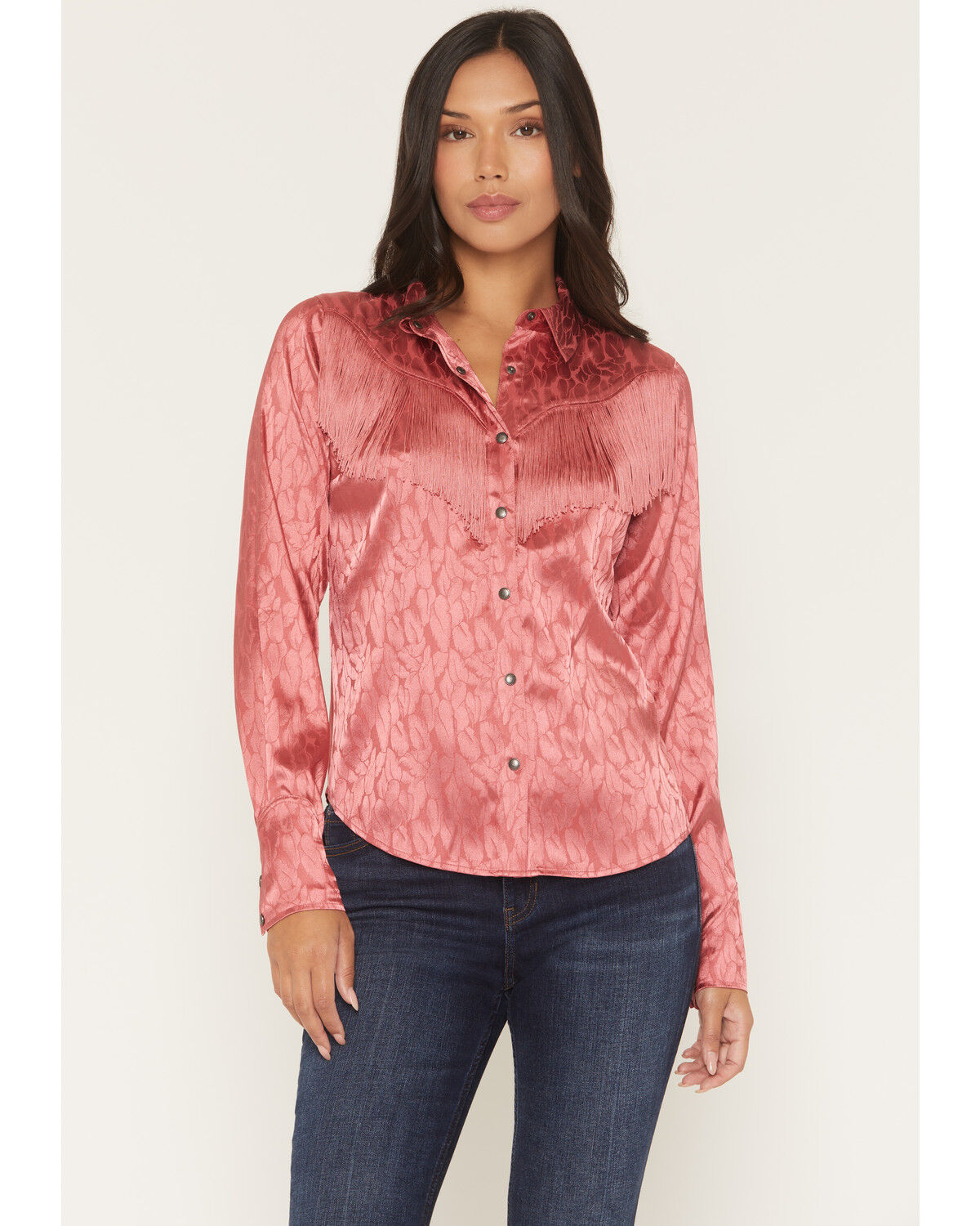 Shyanne Women's Roberta Long Sleeve Fringe Satin Button-Down Western Shirt, Dark Pink, hi-res