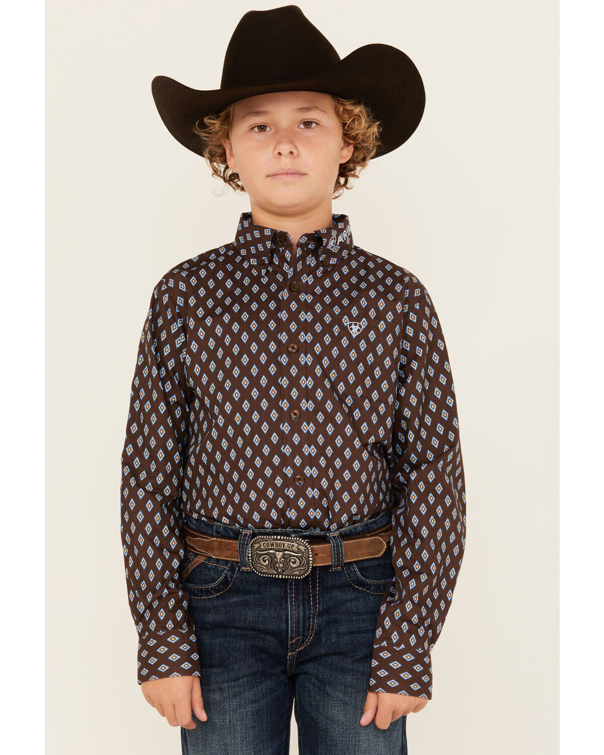Ariat Boys' Logo Team Geo Print Long Sleeve Button-Down Western Shirt, Brown, hi-res