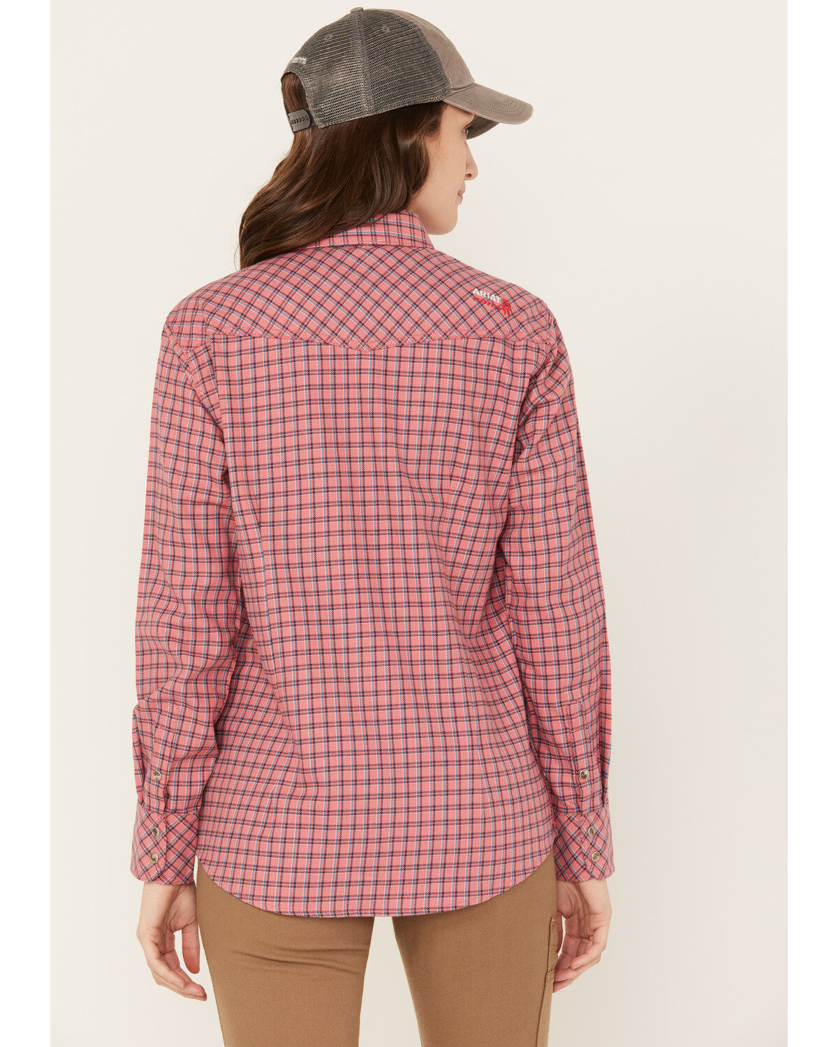 Image #4 - Ariat Women's Fire Resistant Plaid Print Long Sleeve Button-Down Work Shirt, Dark Pink, hi-res