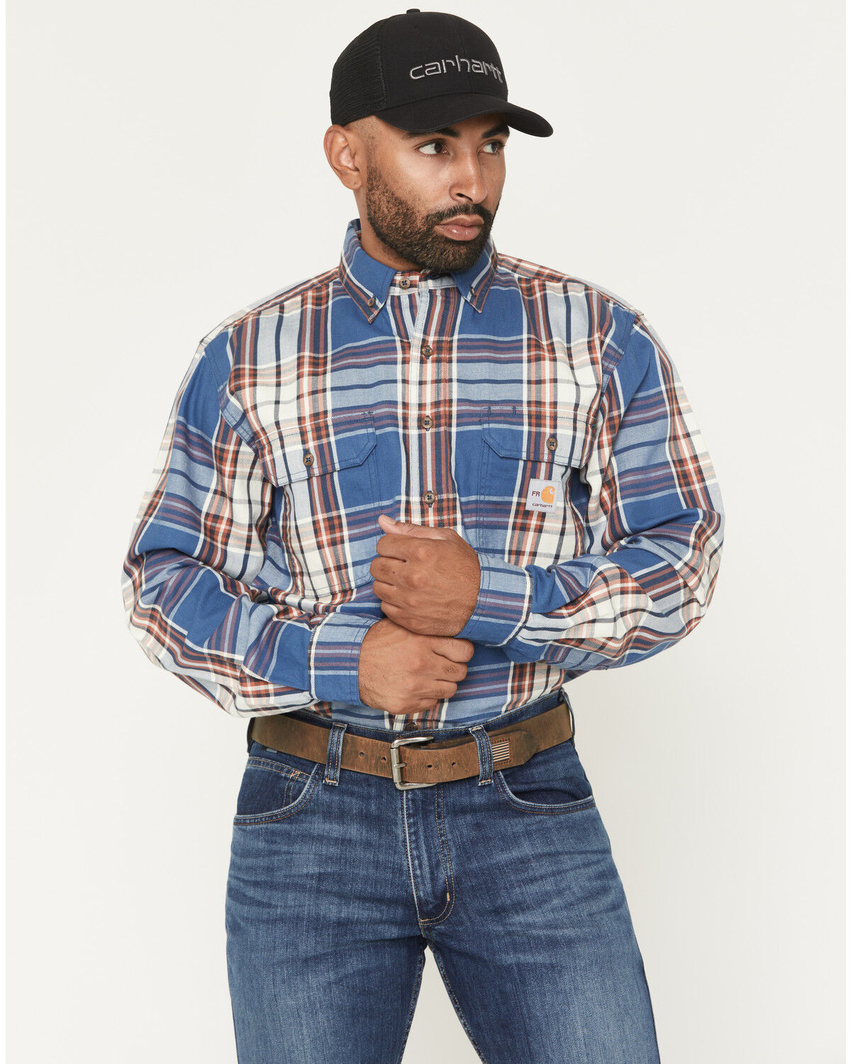 Carhartt Men's FR Force&reg; Loose Fit Twill Plaid Print Long Sleeve Button-Down Work Shirt, Dark Blue, hi-res