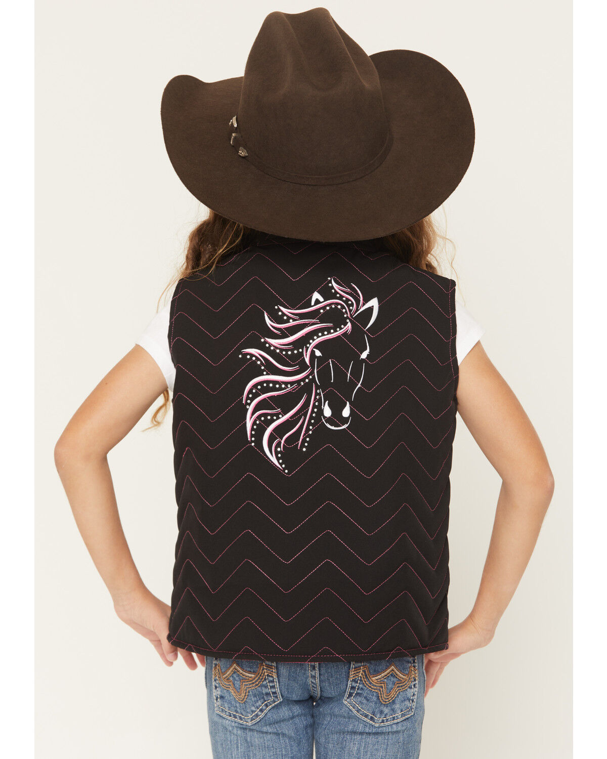 Image #1 - Cowgirl Hardware Girls' Blaze Horse Quilted Vest, Black, hi-res