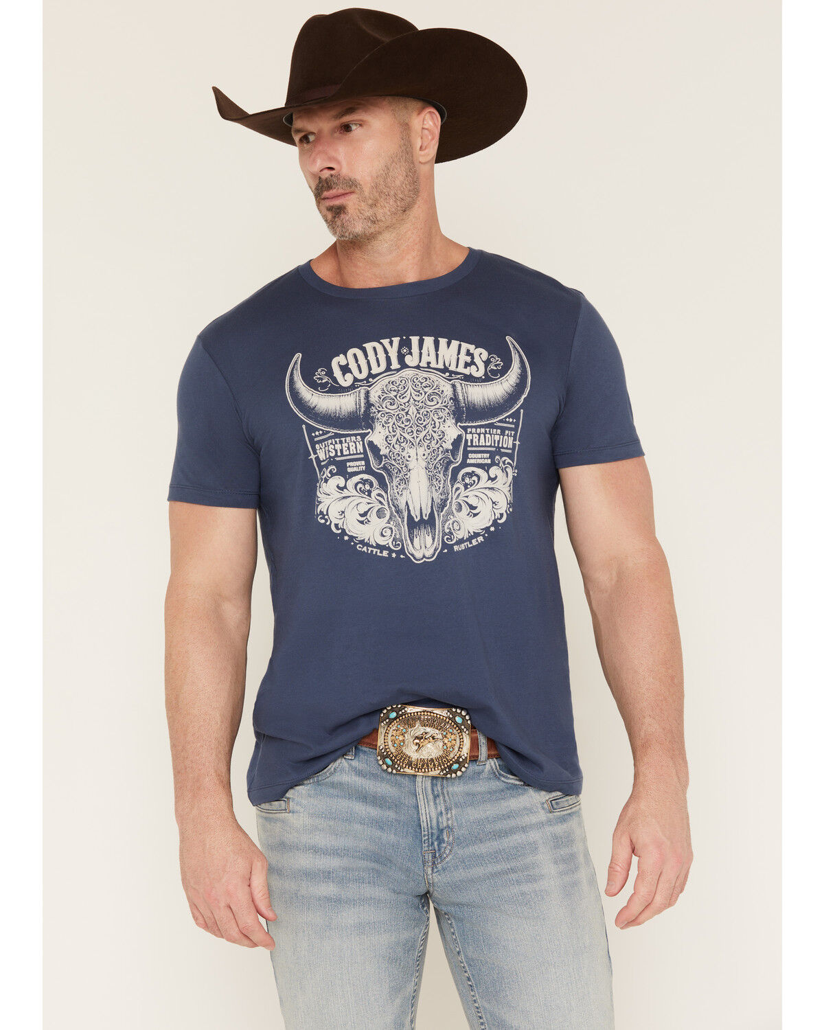 Cody James Men's Ornate Steerhead Skull Short Sleeve Graphic T-Shirt, Blue, hi-res