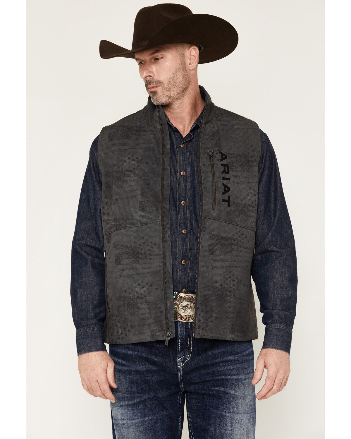 Ariat Men's Americana Flag Print Softshell Vest, Charcoal, hi-res