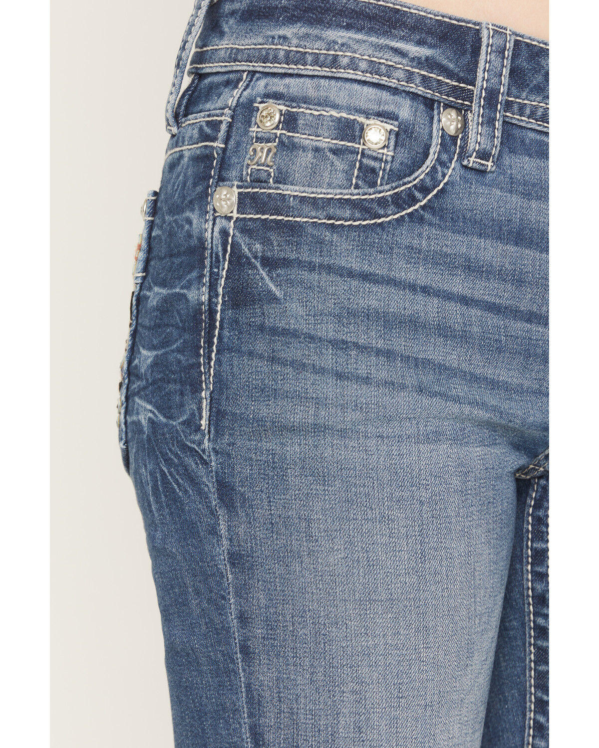 Image #4 - Miss Me Women's Medium Wash Mid Rise Wing Pocket 34" Bootcut Stretch Denim Jeans, Medium Wash, hi-res