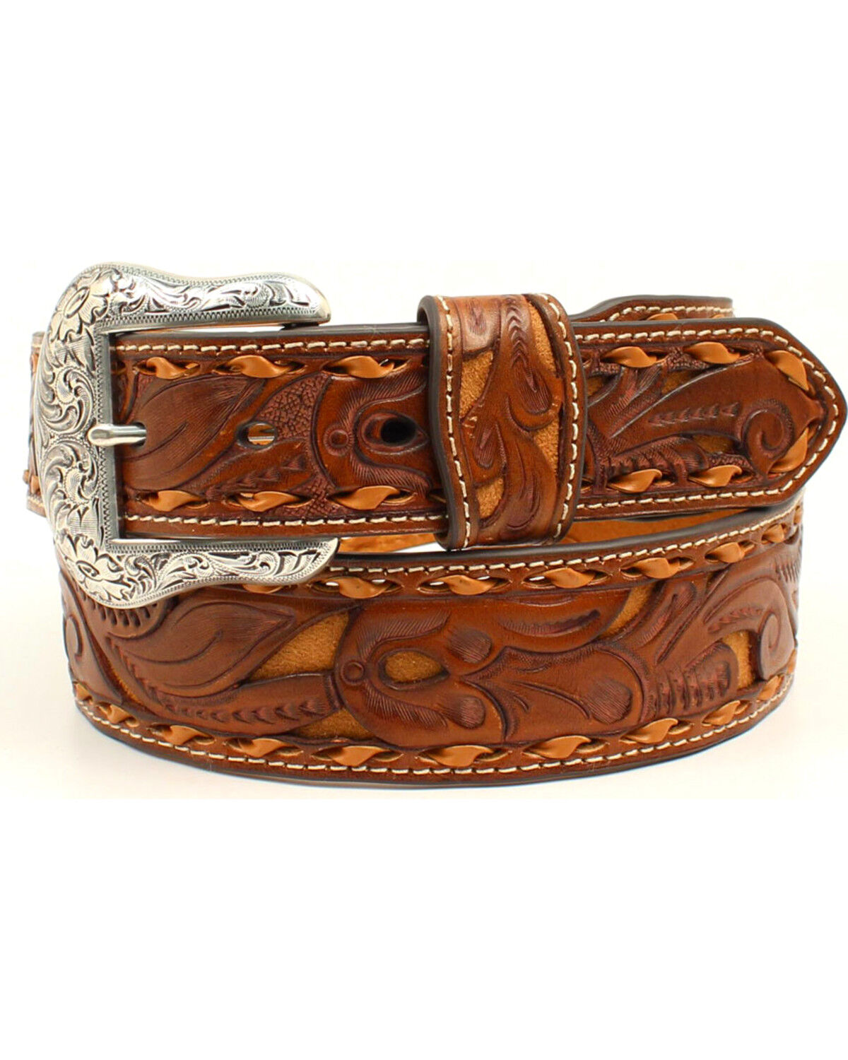 Nocona Men's Pierced Leather Laced Edge Western Belt, Tan, hi-res