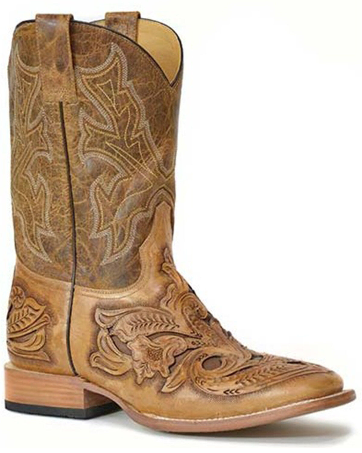 Image #1 - Stetson Men's Handtooled Wicks Filigree Vamp Western Boots - Broad Square Toe, Brown, hi-res
