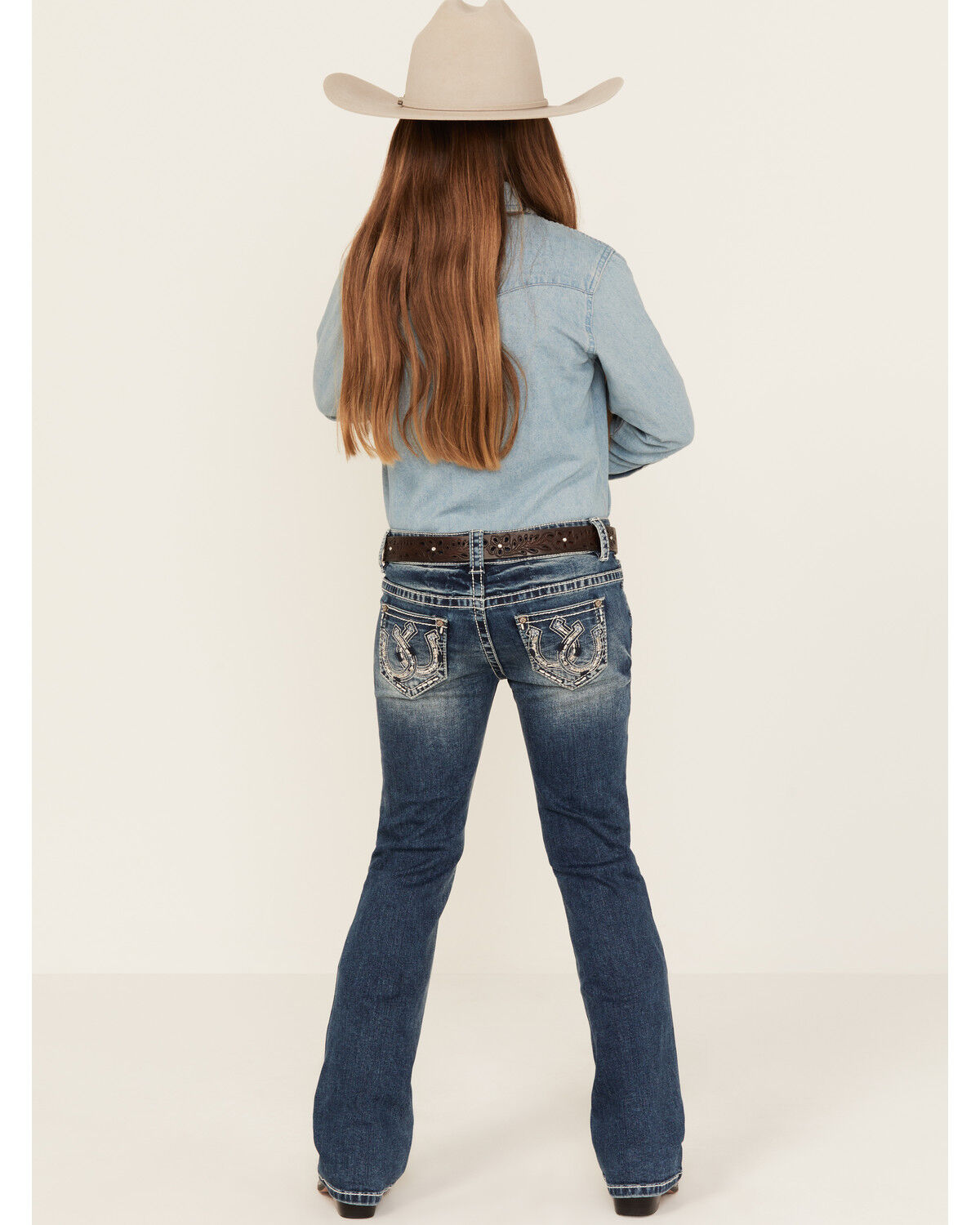 Shyanne Girls' Medium Wash Double Horseshoe Pocket Bootcut Stretch Denim Jeans, Medium Wash, hi-res