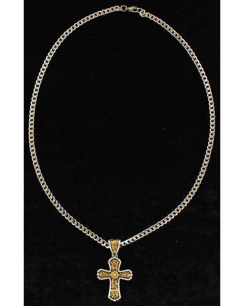 Image #1 - Twister Men's Floral Cross Antique Gold Necklace , Silver, hi-res