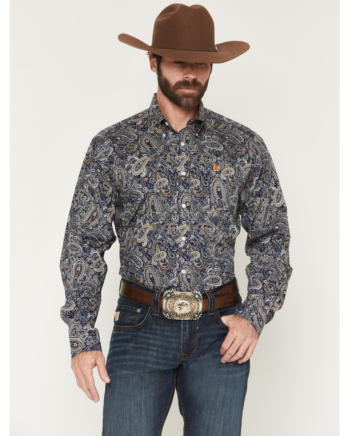 Cinch Men's Paisley Print Long Sleeve Button-Down Western Shirt, Navy, hi-res