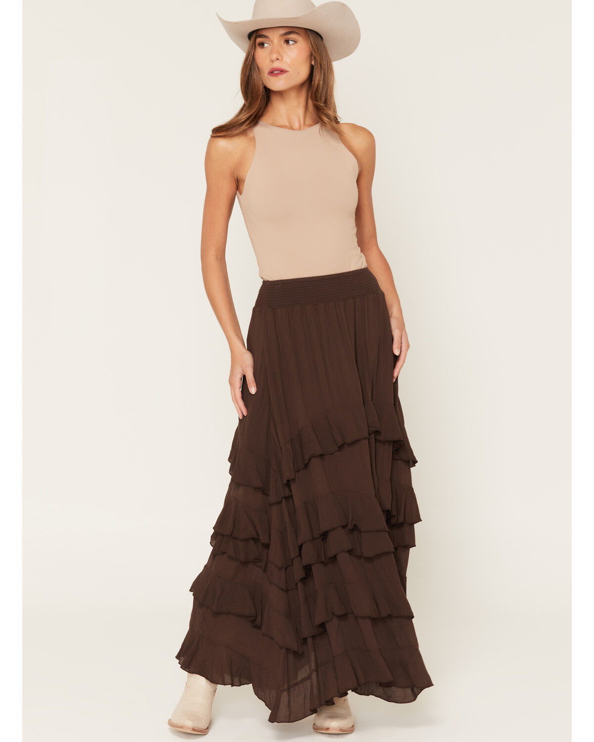 Ashley Women's Tiered Ruffle Maxi Skirt, Chocolate, hi-res