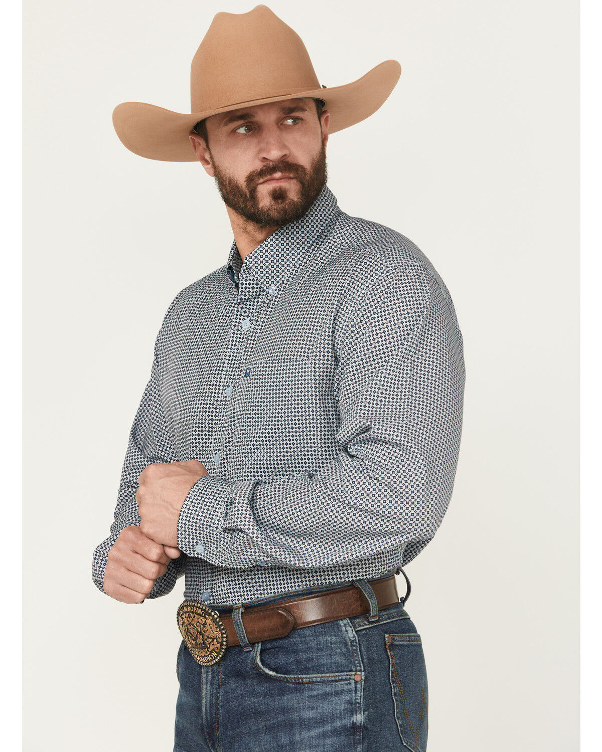Image #2 - Cinch Men's Geo Print Arenaflex Long Sleeve Button-Down Performance Stretch Western Shirt, Light Blue, hi-res