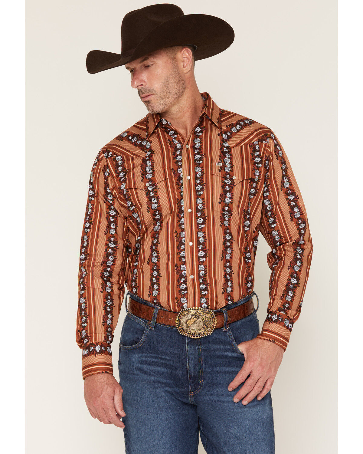 Ely Walker Men's Wallpaper Floral Print Long Sleeve Pearl Snap Western Shirt, Rust Copper, hi-res