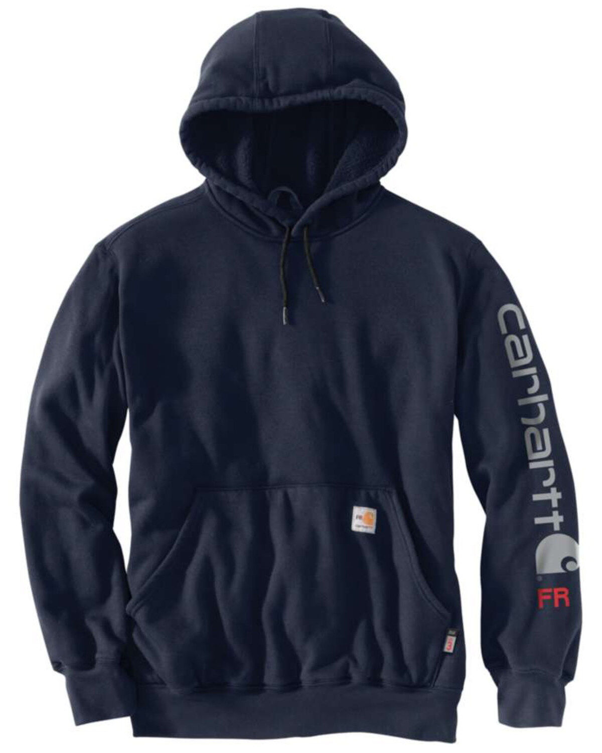 Carhartt Men's Navy FR Force Midweight Signature Logo Hooded Work Sweatshirt - Tall, Navy, hi-res