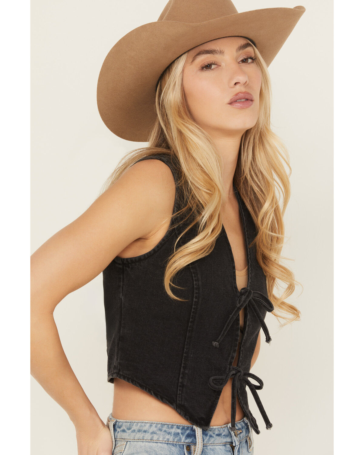 Image #2 - 26 International Women's Bow Tie Denim Vest, Black, hi-res