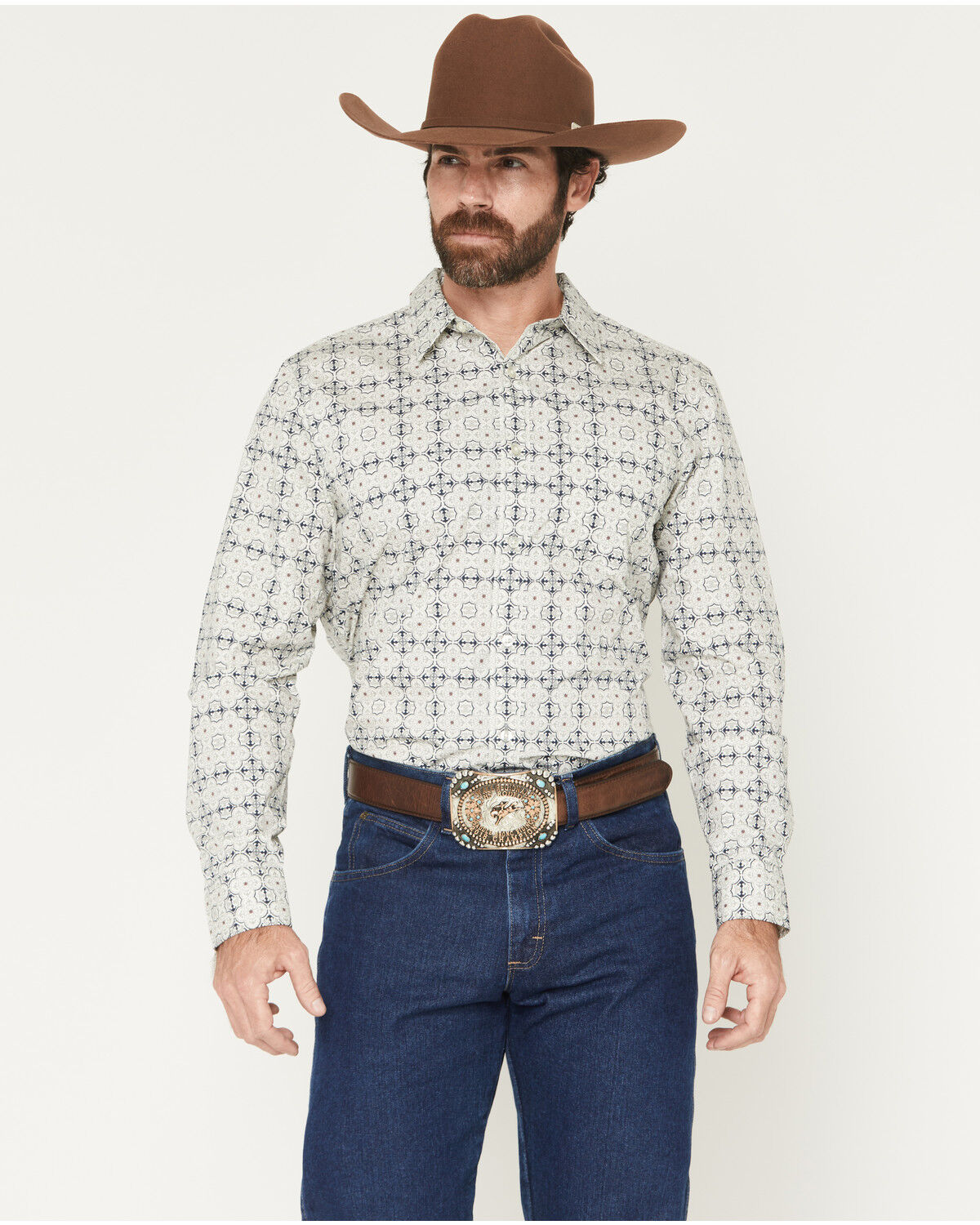 Gibson Trading Co Men's Initiate Medallion Print Long Sleeve Button-Down Western Shirt, White, hi-res