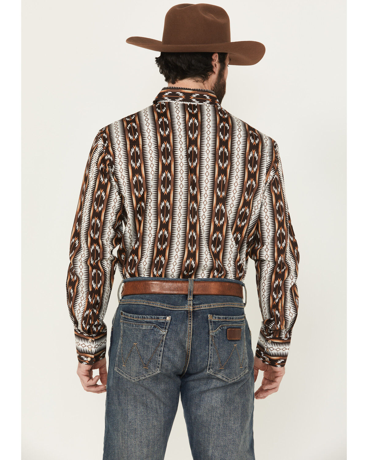 Image #4 - Wrangler Men's Checotah Southwestern Striped Print Long Sleeve Pearl Snap Western Shirt - Tall, Brown, hi-res