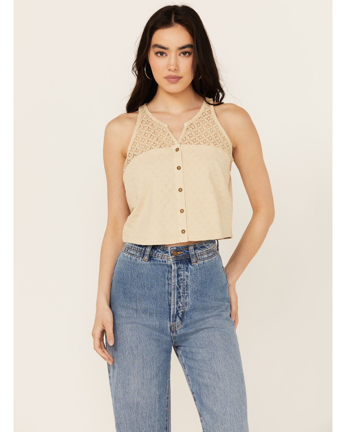 Cleo + Wolf Women's Blaire Cropped Jacquard and Lace Tank, Oatmeal, hi-res