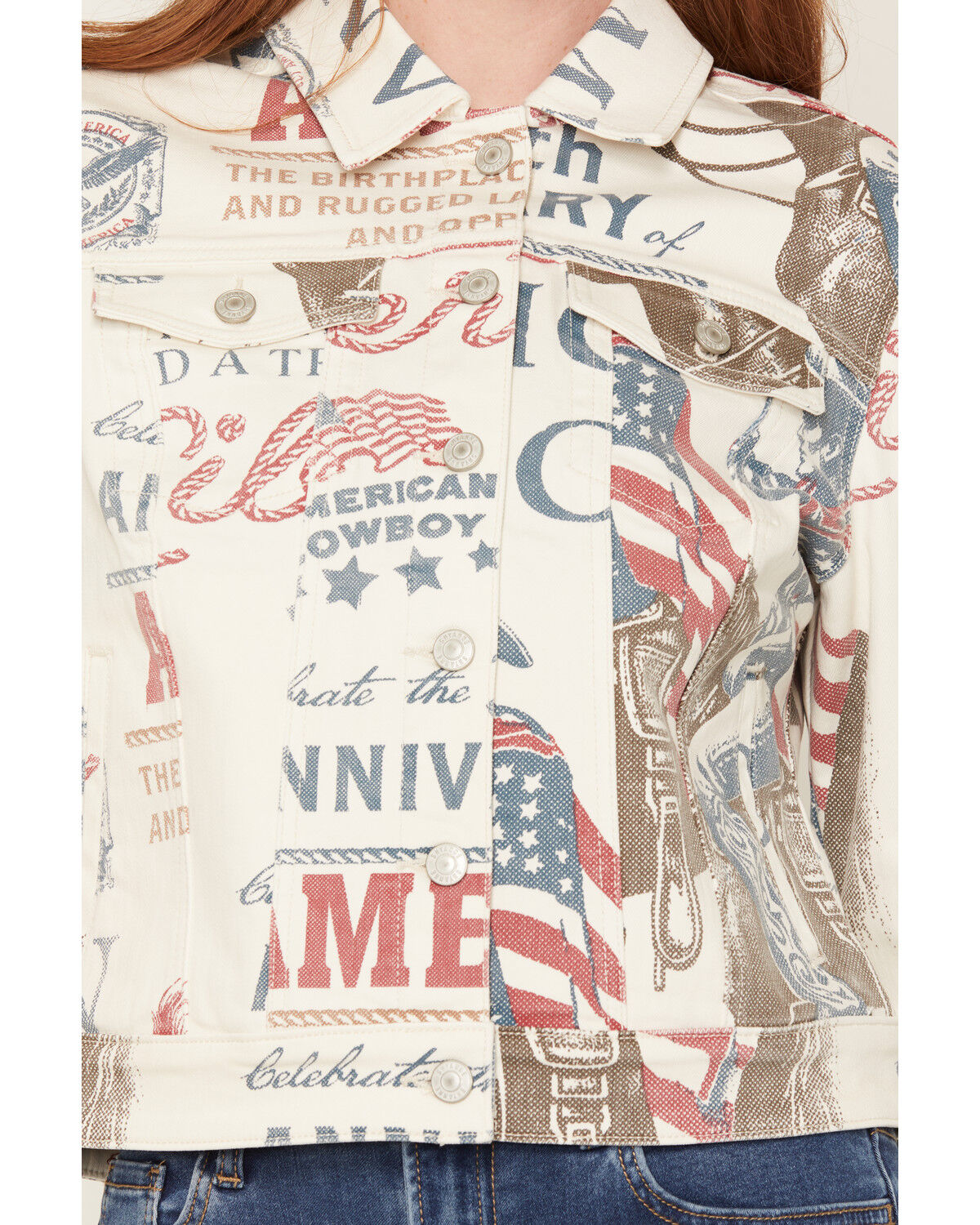 Image #3 - Shyanne Women's Vintage Cowboy Printed Denim Jacket, Ivory, hi-res