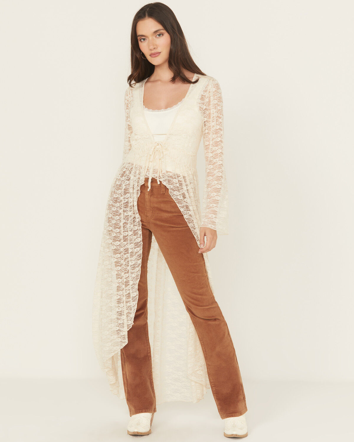 Image #1 - Originality Women's Lace Bell Sleeve Tie Kimono, , hi-res