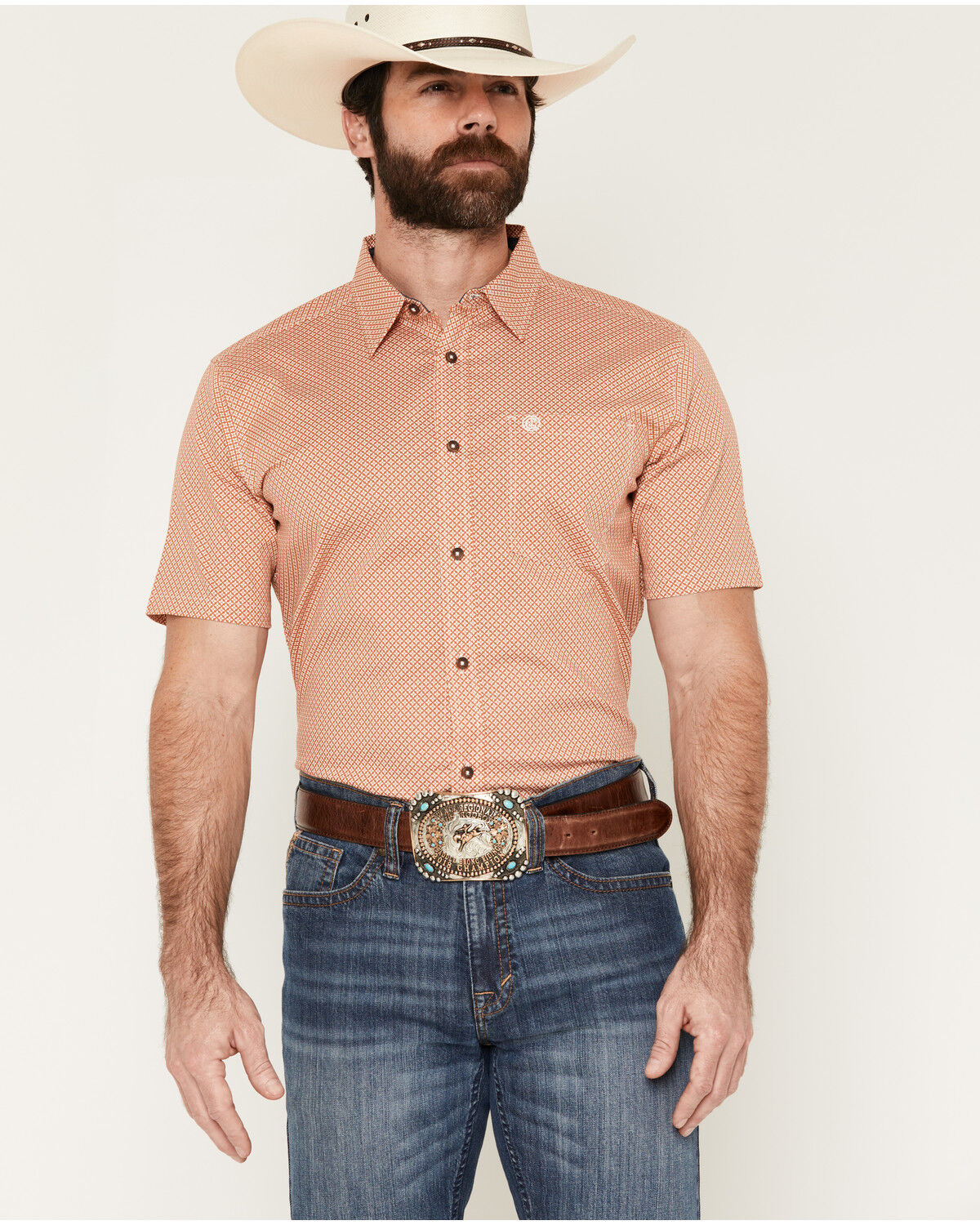 Image #1 - Cody James Men's Grill And Greet Medallion Print Short Sleeve Stretch Western Shirt, Red, hi-res