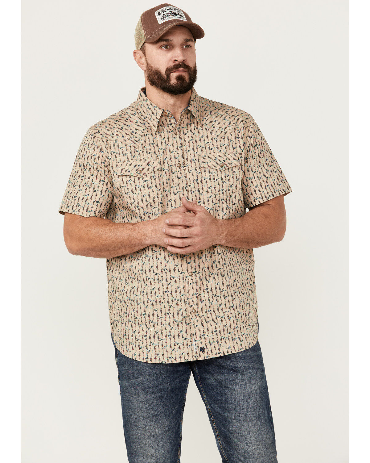 Image #1 - Moonshine Spirit&reg; Men's Vinyl Printed Short Sleeve Snap Western Shirt, Tan, hi-res