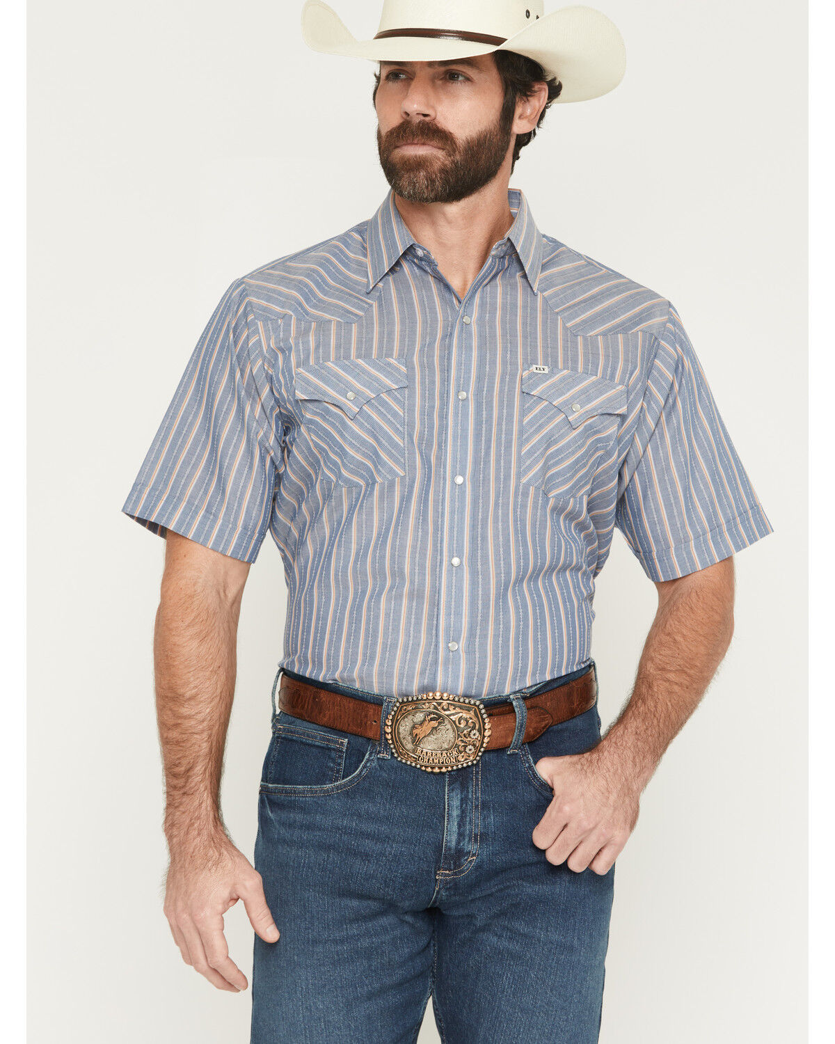 Image #1 - Ely Walker Men's Barbed Wire Striped Short Sleeve Pearl Snap Western Shirt, Blue, hi-res