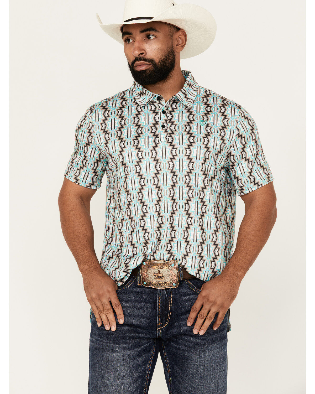 Rock & Roll Denim Men's Southwestern Print Short Sleeve Polo Shirt, Natural, hi-res