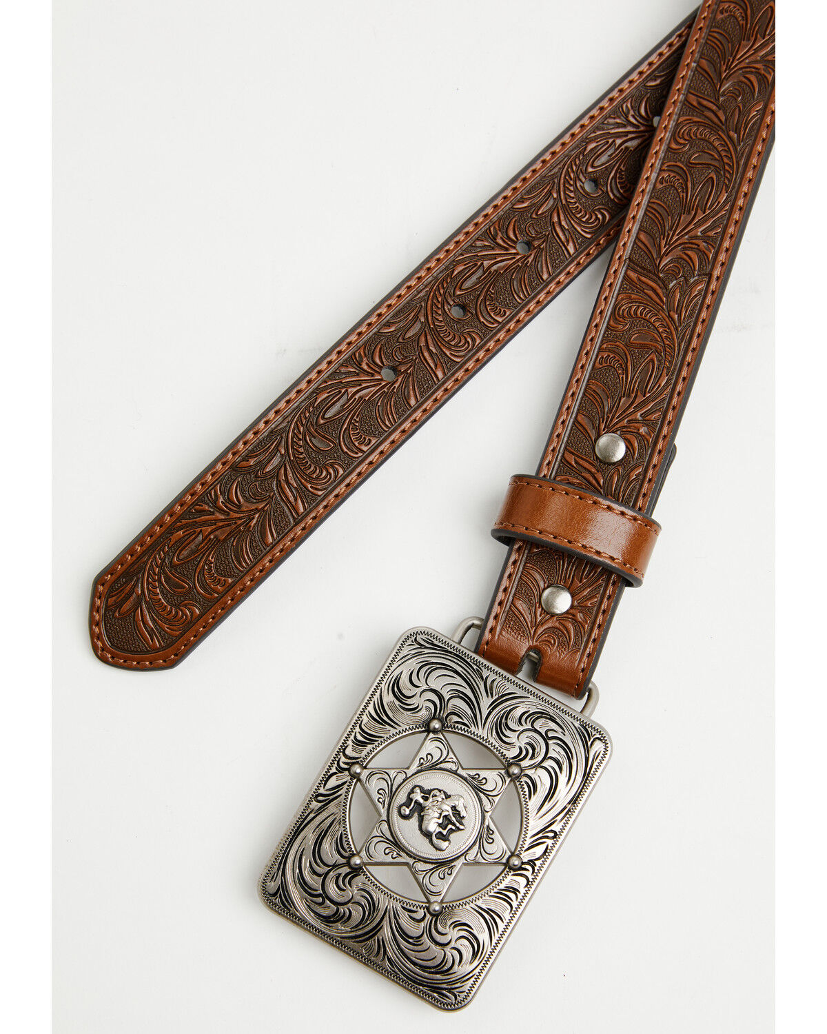 Image #2 - Cody James Boys' Sheriff Star Buckle Tooled Belt, Brown, hi-res