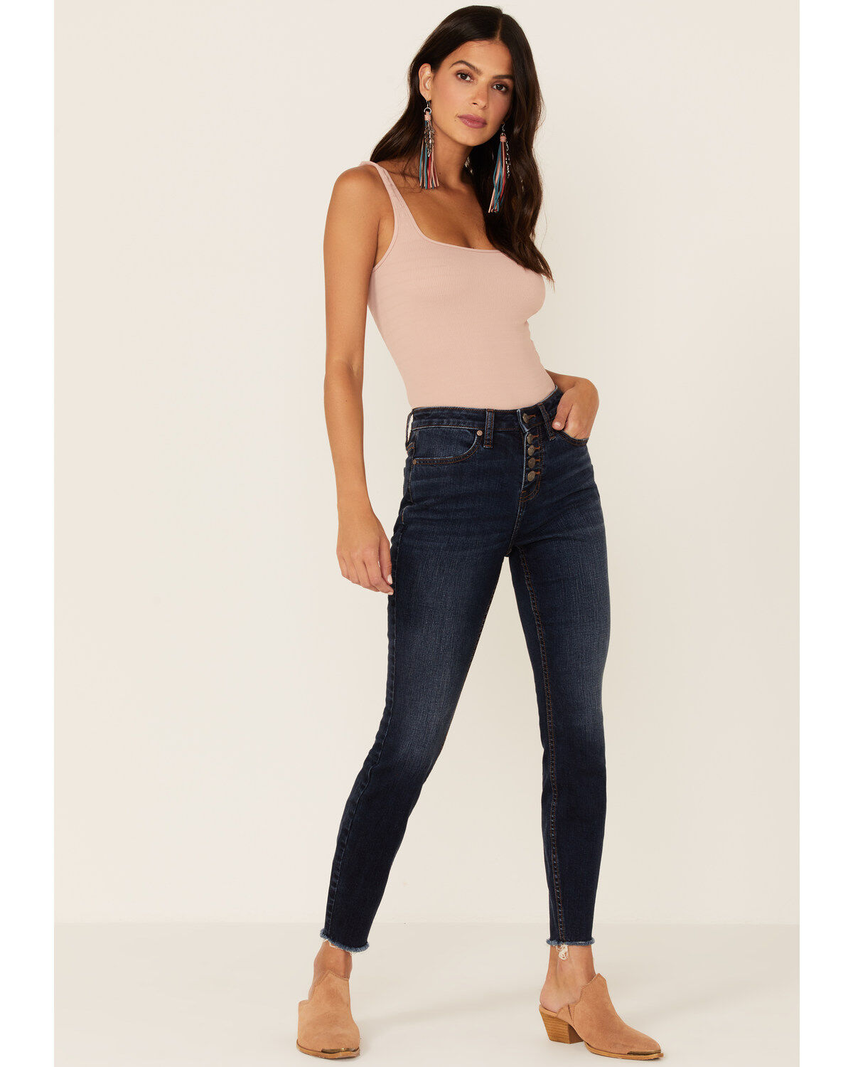 Shyanne Women's High Rise Fringe Hem Front Button Stretch Skinny Jeans, Dark Blue, hi-res