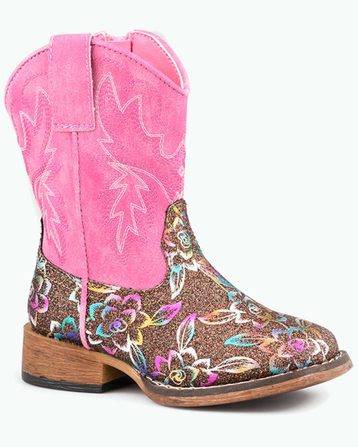 Roper Toddler Girls' Glitter Rose Western Boots - Broad Square Toe, Brown, hi-res