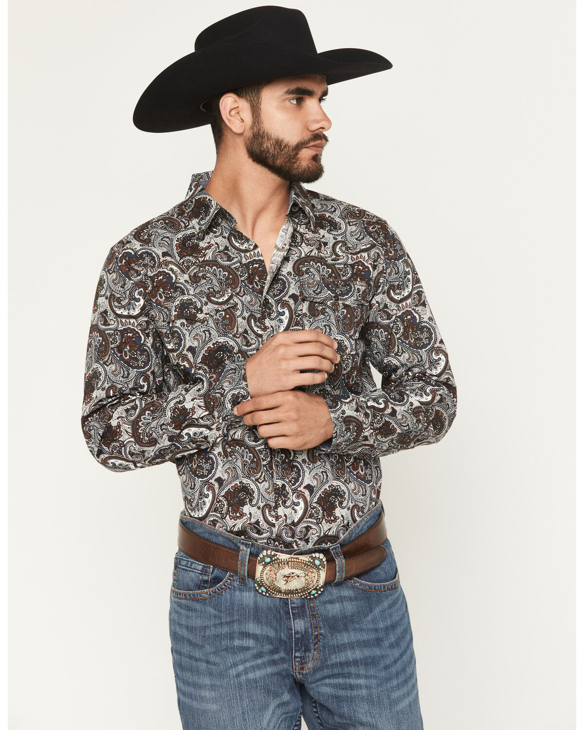 Cody James Men's Colorado Ridge Paisley Print Long Sleeve Snap Western Shirt, Brown, hi-res