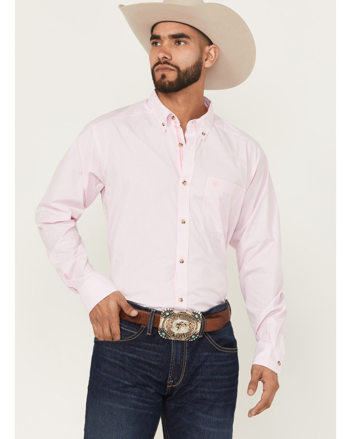Ariat Men's Striped Long Sleeve Button-Down Western Shirt, Pink, hi-res