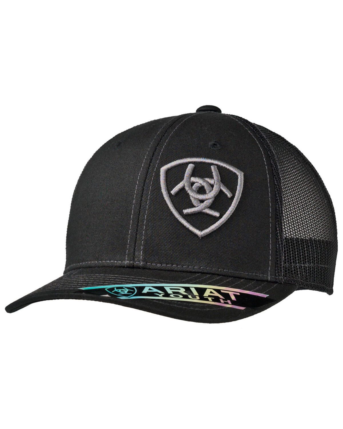 Ariat Boys' Black Logo Offset Mesh Ball Cap, Black, hi-res