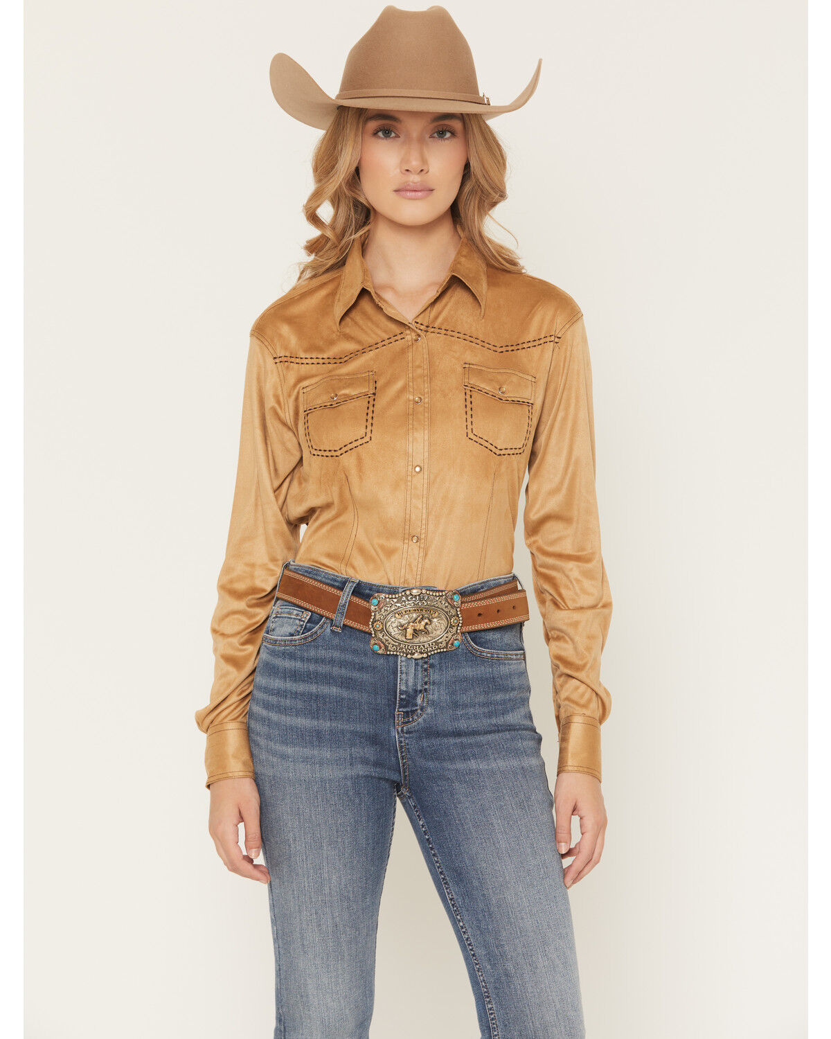 Image #1 - Cowgirl Hardware Women's Faux Suede Long Sleeve Snap Stretch Western Shirt, , hi-res