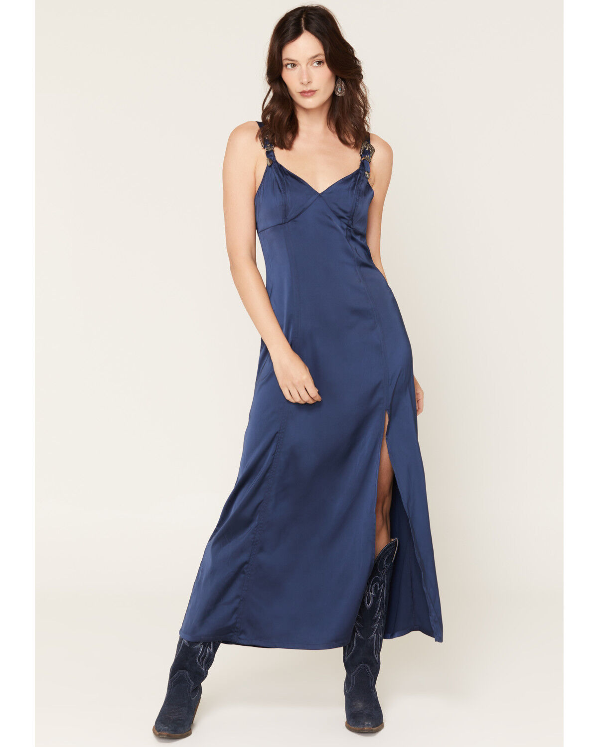 Image #1 - Rock & Roll Denim Women's Sleeveless Buckle Detail Satin Maxi Dress, Navy, hi-res