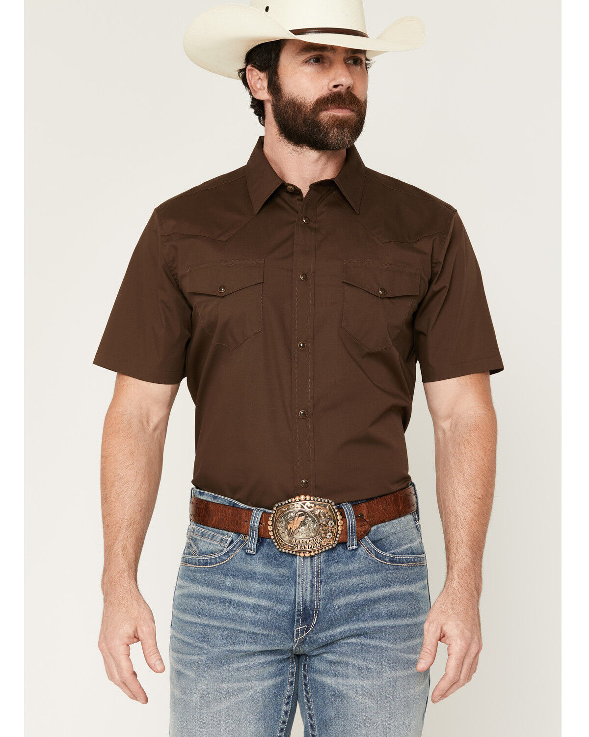 Image #1 - Gibson Trading Co Men's Solid Short Sleeve Snap Western Shirt - Tall, Dark Brown, hi-res