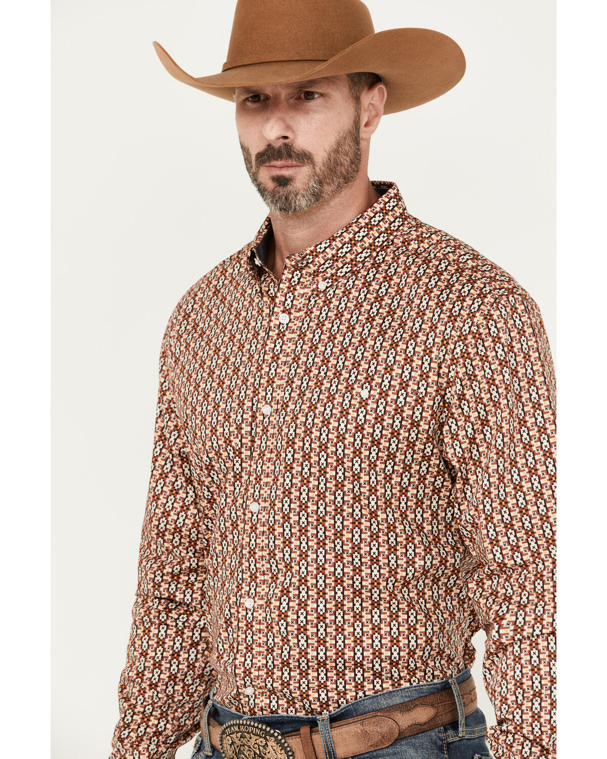 Image #2 - RANK 45&reg; Men's Spur Printed Long Sleeve Button-Down Stretch Western Shirt, Pecan, hi-res