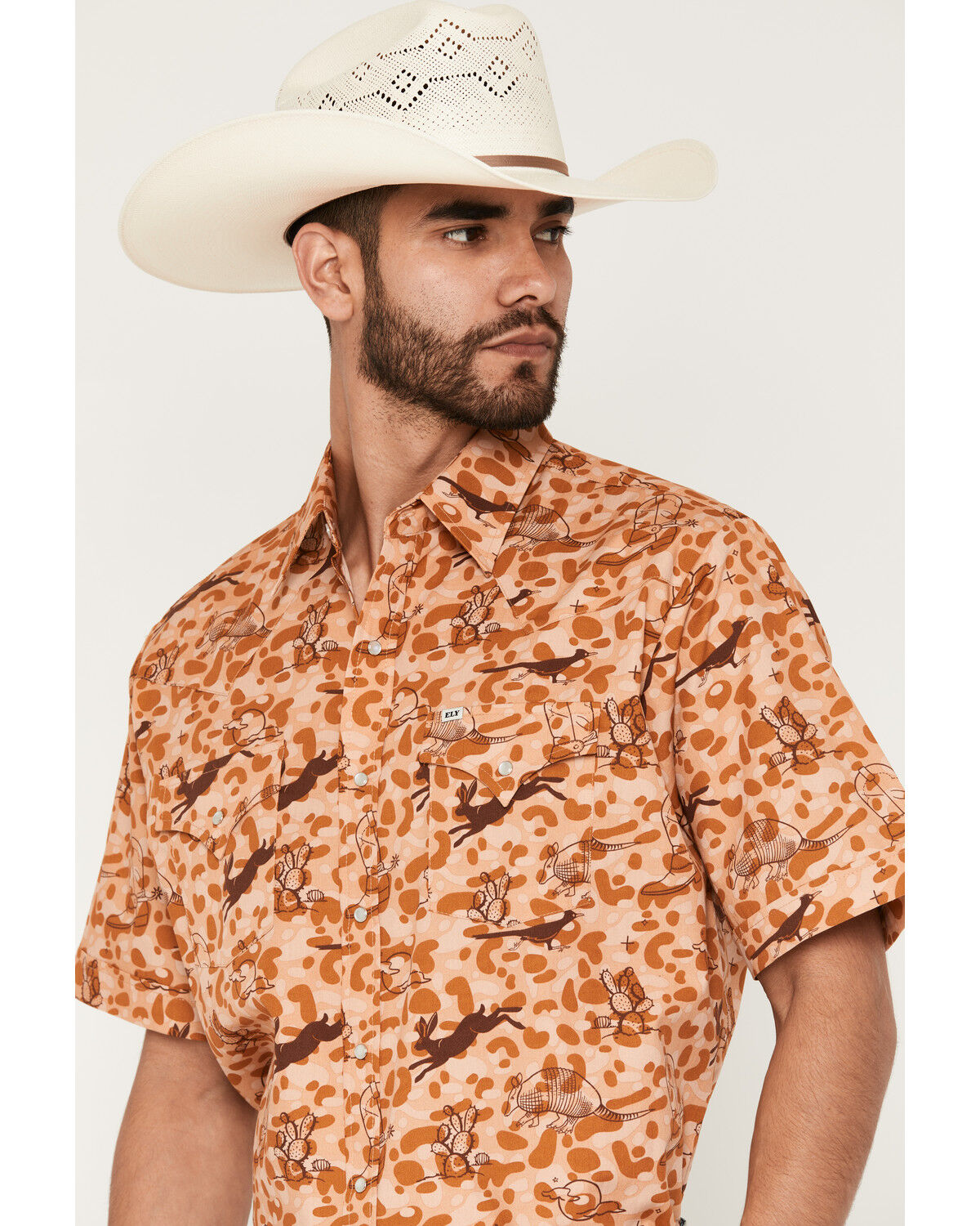 Image #2 - Ely Walker Men's Desert Camo Print Short Sleeve Pearl Snap Western Shirt, Tan, hi-res