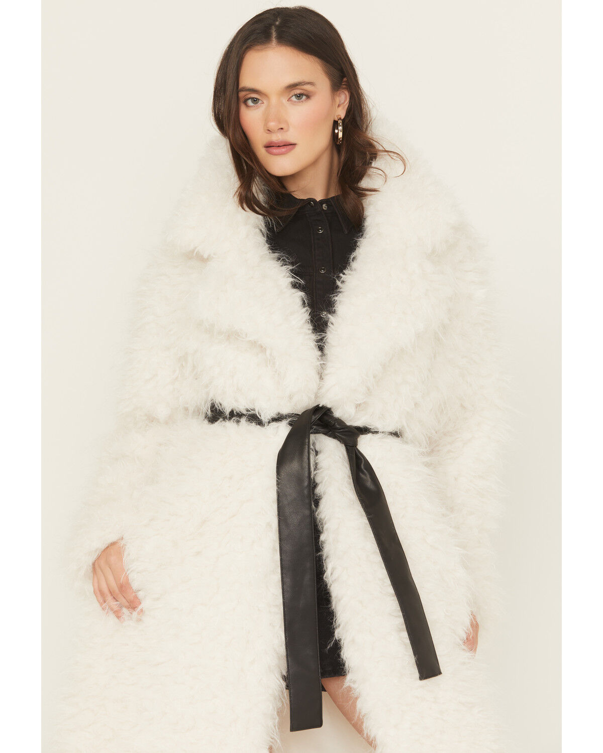 Image #3 - Fornia Women's Leather Tie Faux Fur Coat, White, hi-res