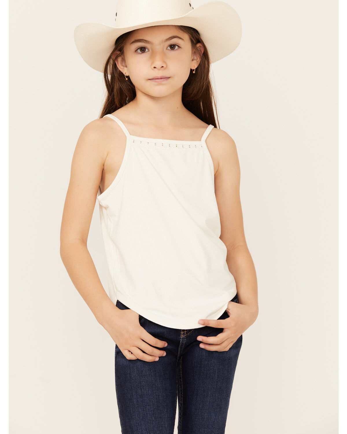 Shyanne Girls' Crochet Lace Trim Tank, Ivory, hi-res
