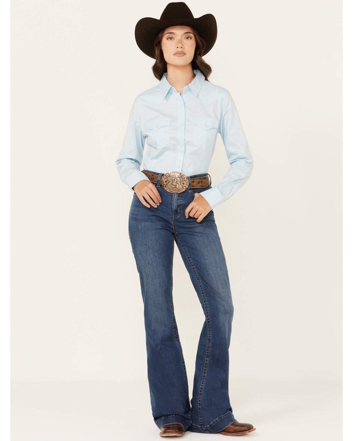 Rock & Roll Denim Women's Medium Wash High Rise Curved Yoke Trouser Stretch Denim Jeans, Medium Wash, hi-res