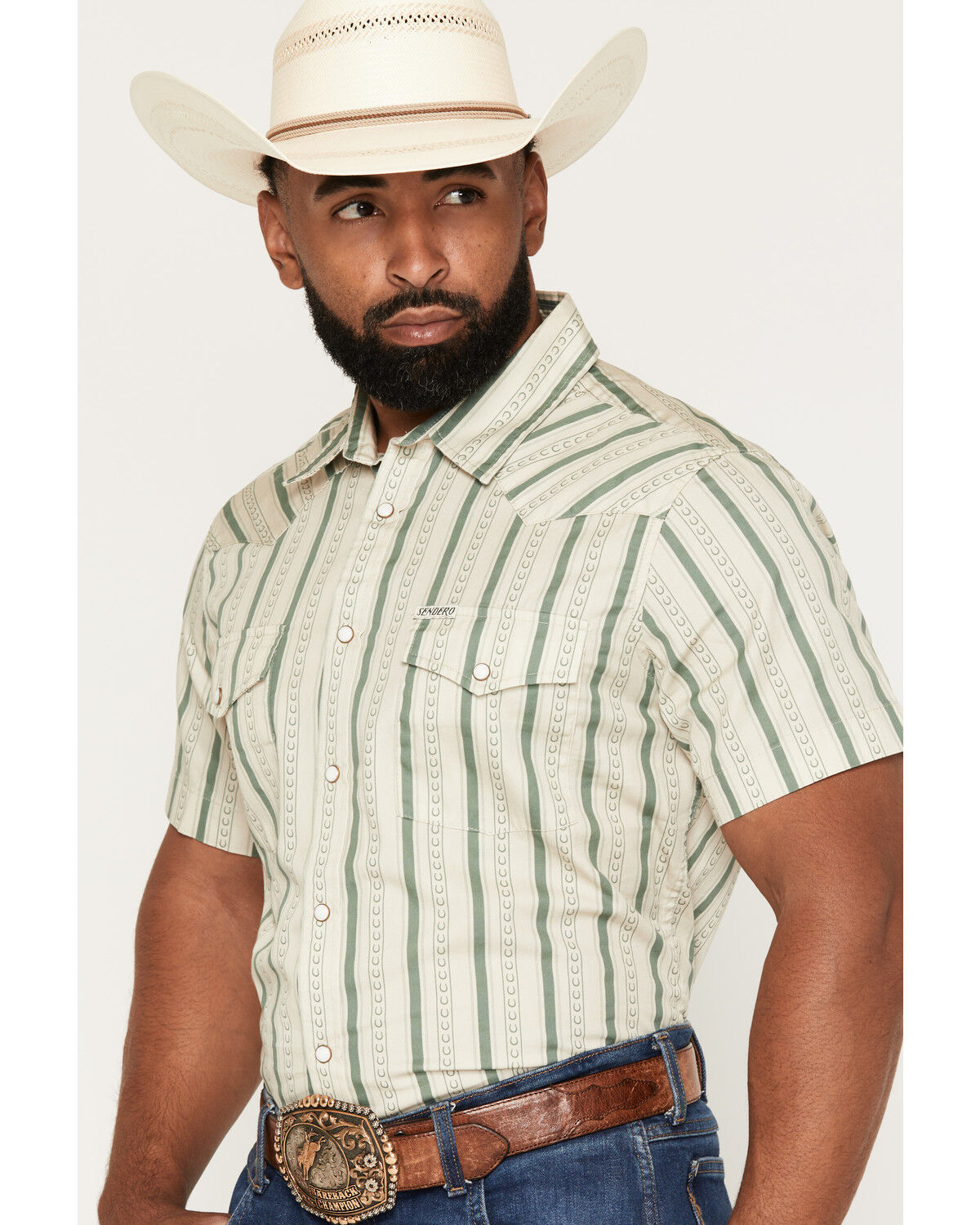Image #2 - Sendero Provisions Men's Wyatt Horseshoe Stripe Print Short Sleeve Snap Western Shirt, Oatmeal, hi-res