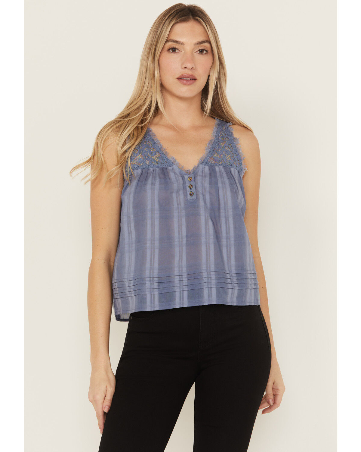 Cleo + Wolf Women's Evelyn Lace Inset Tonal Tank Top, Steel Blue, hi-res