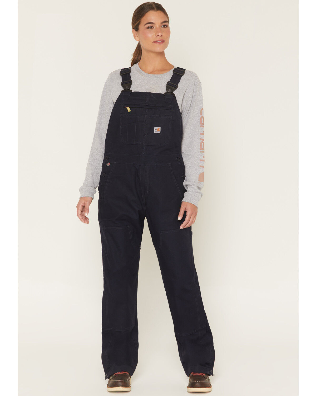 Carhartt Women's FR Rugged Flex&reg; Loose Fit Duck Bib Overalls, Navy, hi-res