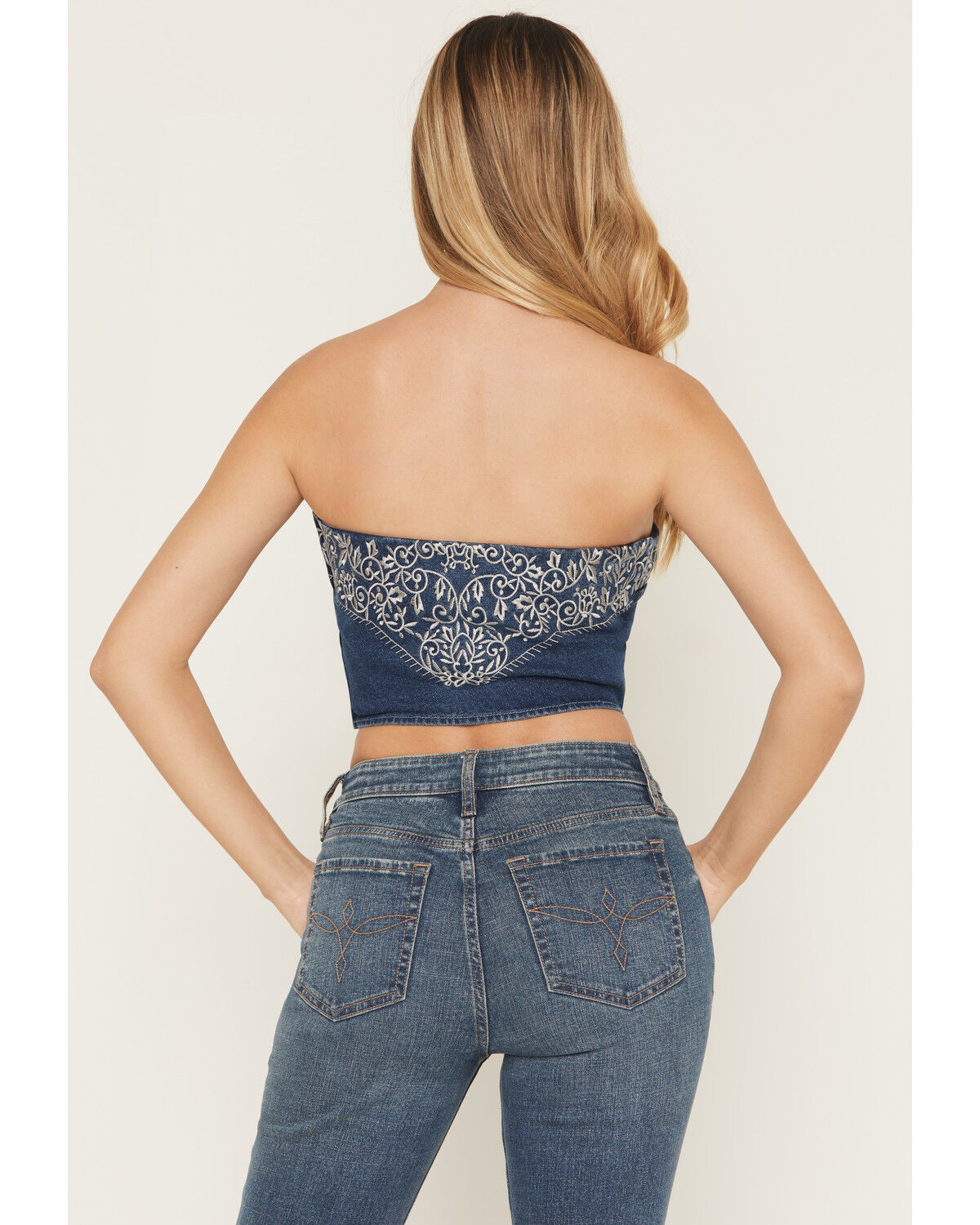 Image #4 - Blue B Women's Boot Barn Exclusive Sleeveless Denim Western Embroidered Bustier Top, Dark Wash, hi-res