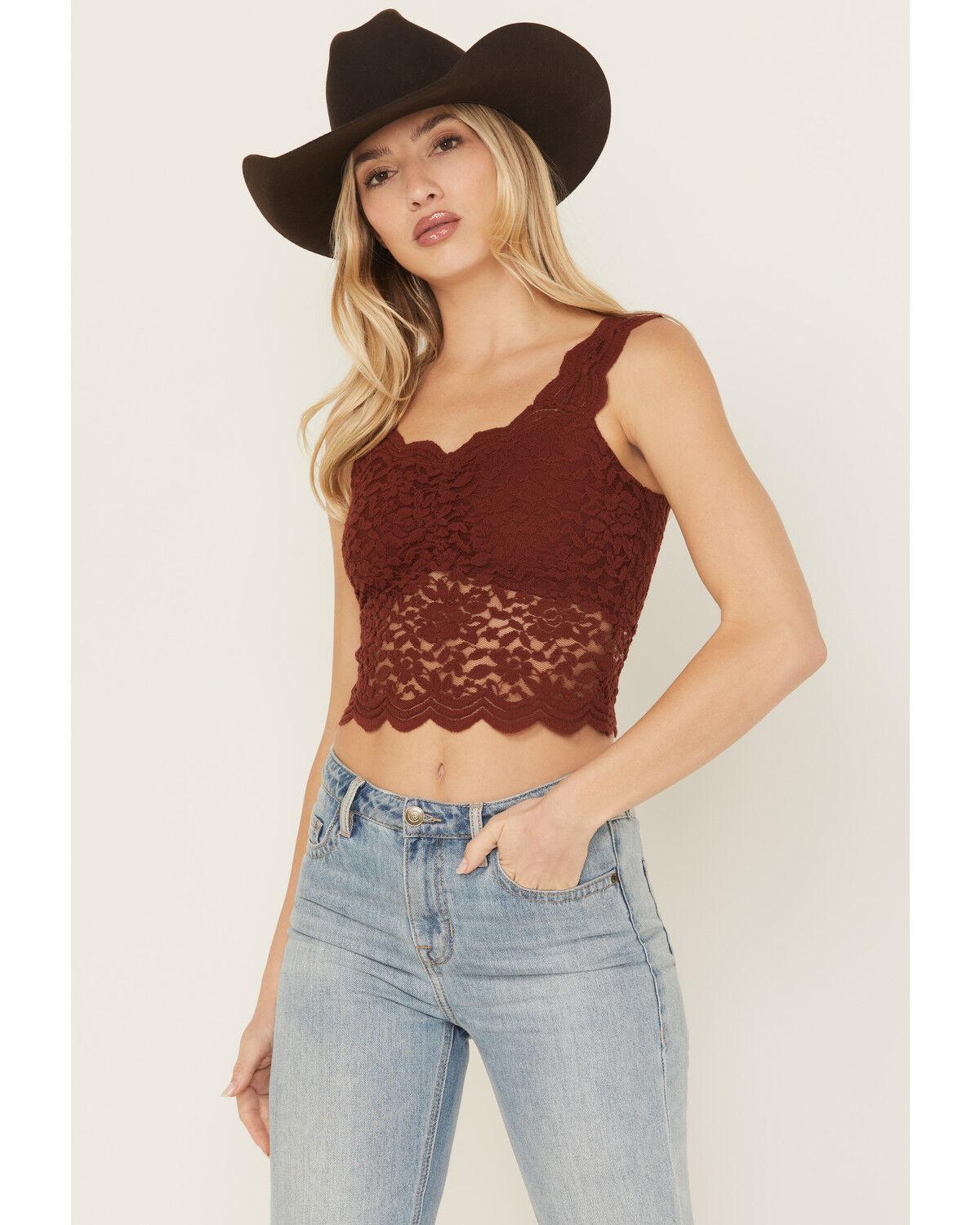 Shyanne Women's Fitted Stretch Lace Cami, Mahogany, hi-res