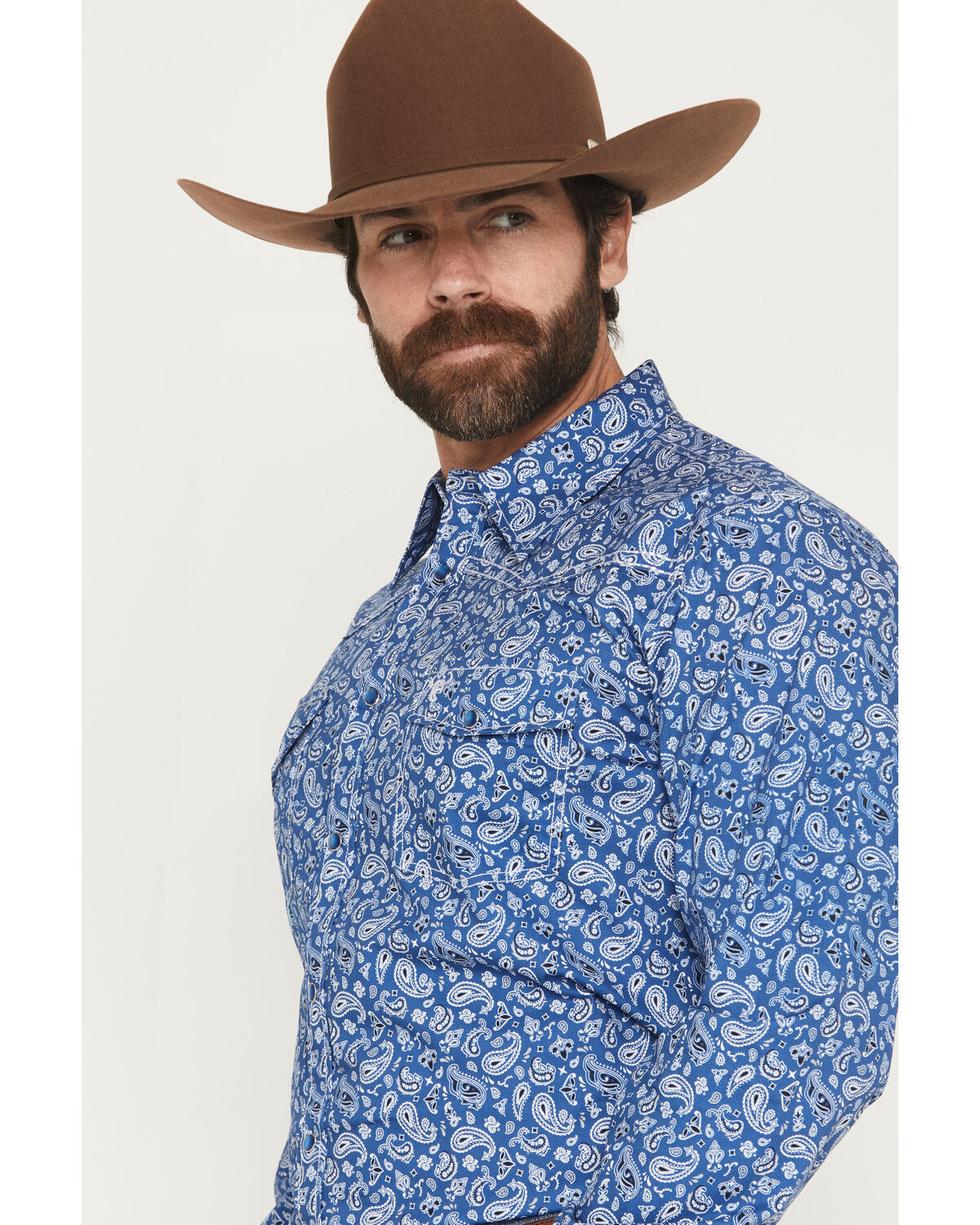 Image #2 - Cowboy Hardware Men's Scatter Paisley Print Long Sleeve Pearl Snap Stretch Western Shirt, Blue, hi-res
