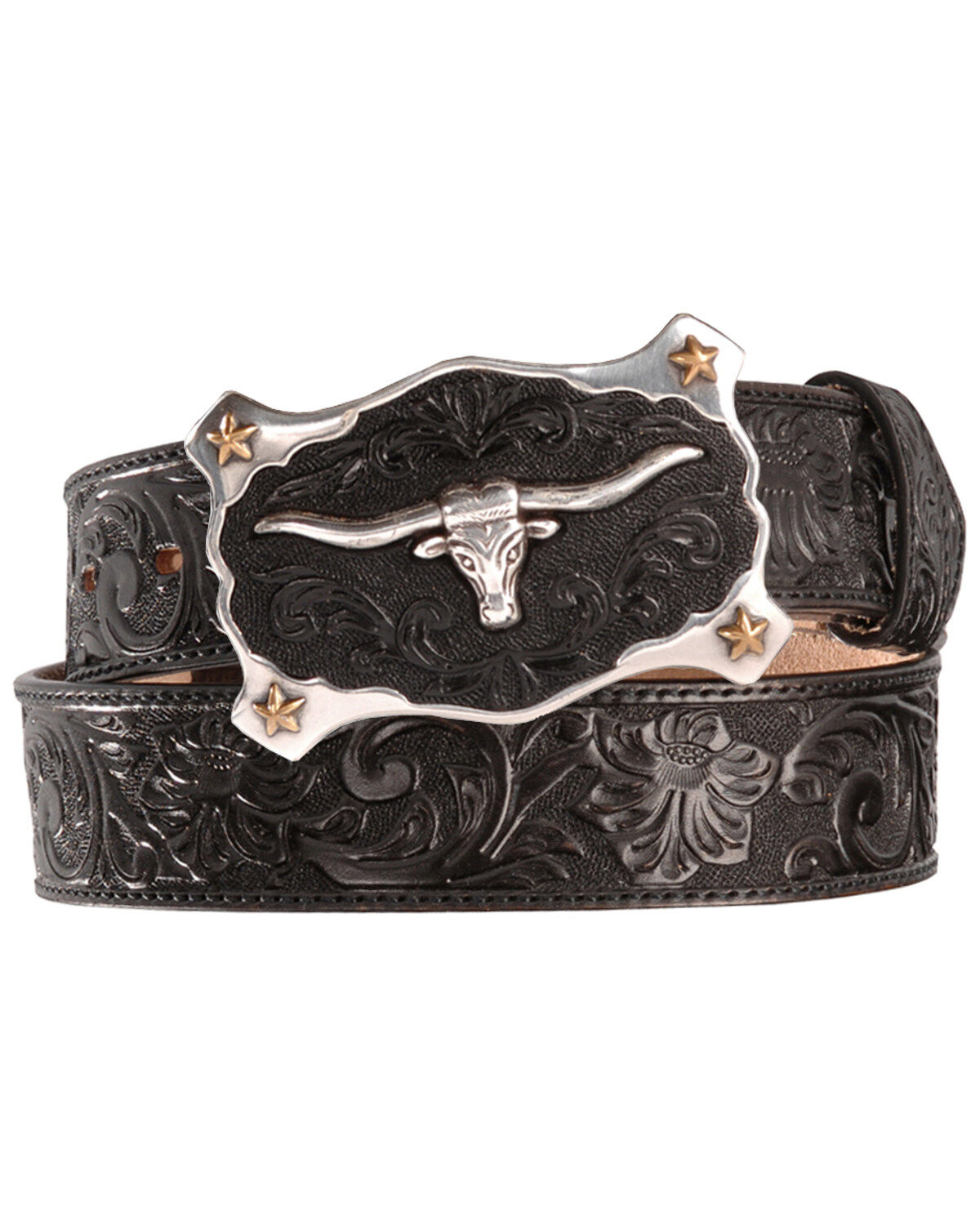 Image #1 - Justin Men's Floral Tooled Leather Belt, Black, hi-res