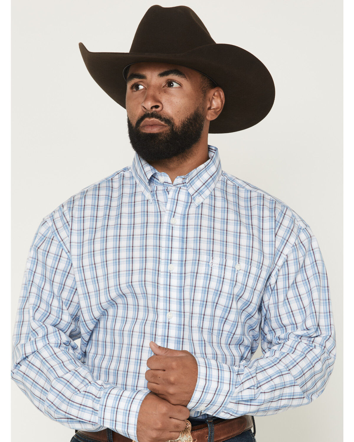 Wrangler Men's Plaid Print Long Sleeve Button-Down Western Shirt, Blue, hi-res